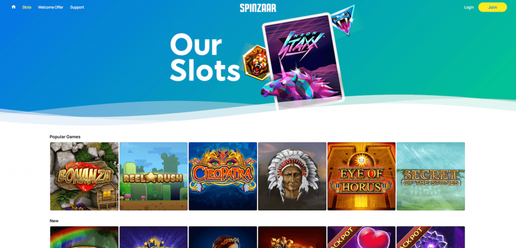 spinzaar casino slot games selection screenshot